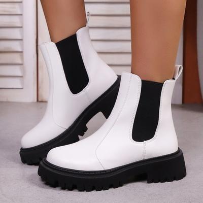 Damen Mittelgroße Runde Zehe Blockabsatz Lederstiefel Herbst Neu Einfarbig Britischer Stil