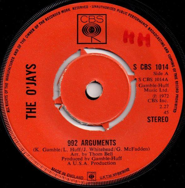 

7inch Record O JAYS - 992 Arguments SCBS1014 CBS 1972 UK Soul/Funk Used