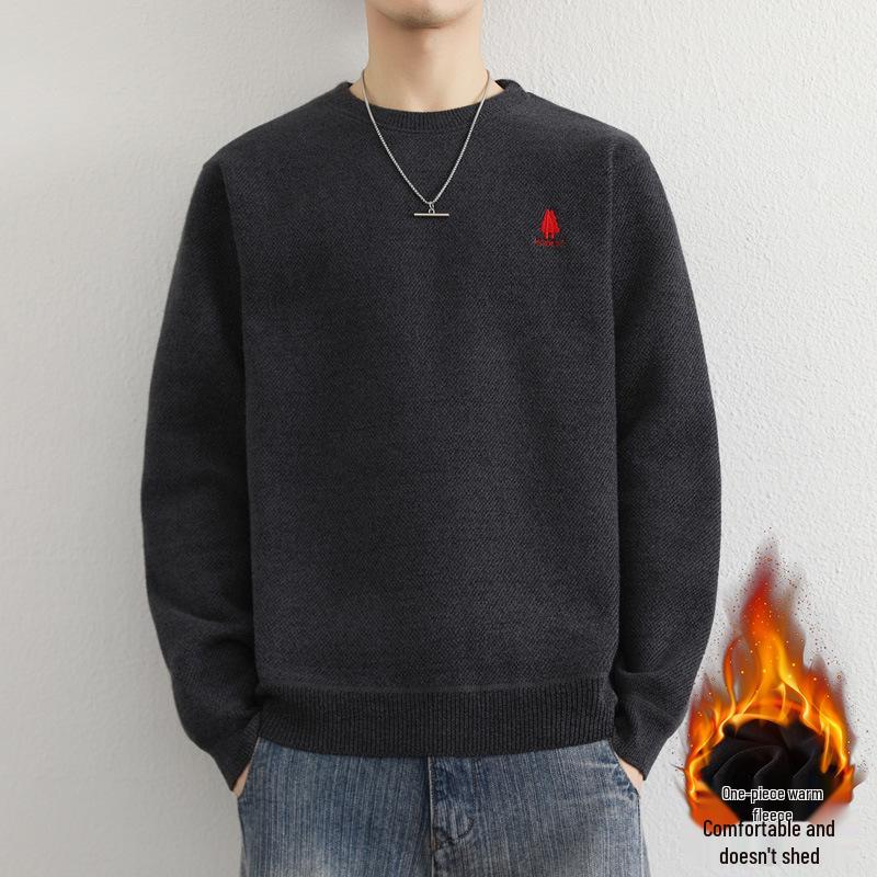 Men's Youth Velvet Thickened Wool Sweater - Embroidered, Warm, Trendy Round Neck Knitwear for Autumn and Winter
