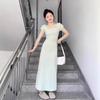 Mambo Green French Pure Desire Square Neck Dress for Women's Summer Slim-fitting Waist and Thin A-word Short-sleeved Long Skirt