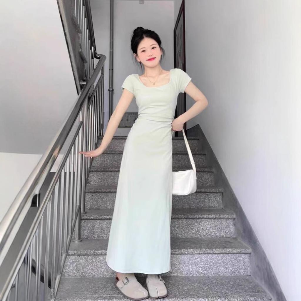 Mambo Green French Pure Desire Square Neck Dress for Women's Summer Slim-fitting Waist and Thin A-word Short-sleeved Long Skirt