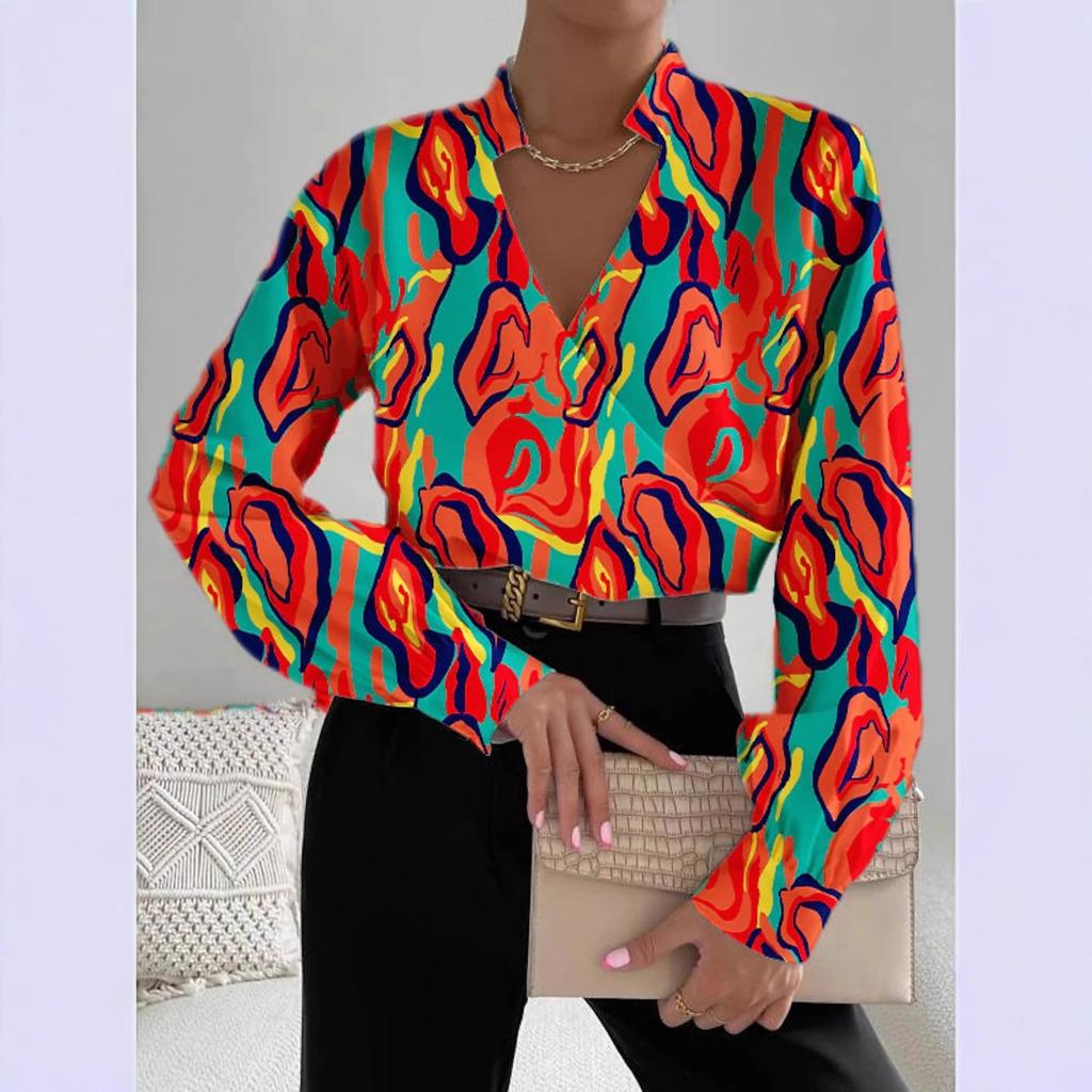 Autumn new product long-sleeved V-neck splicing shirt shirt women