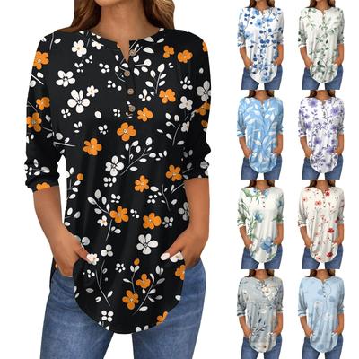 Women's Fashion Casual Three-quarter Sleeve Floral Print Round Neck T-shirt Top
