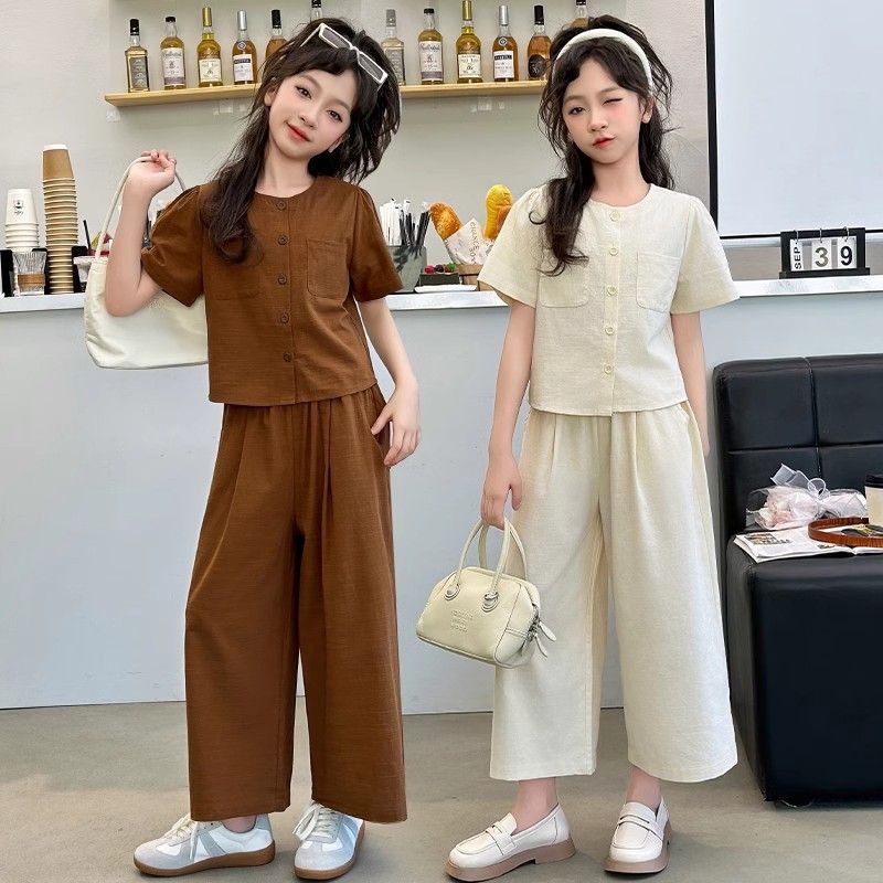 Sommer-Set für Mädchen Kurzarm-Oberteil Weitbein-Hose Mädchen Baumwolle und Leinen Zweiteiler Dünnes Sommer-Outfit