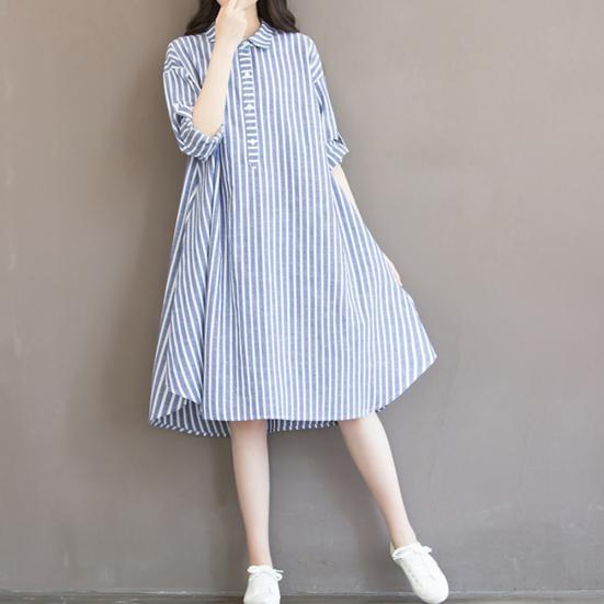 Plus Size Women Vertical Striped Loose Long Sleeve Button Down Shirt Midi Dress