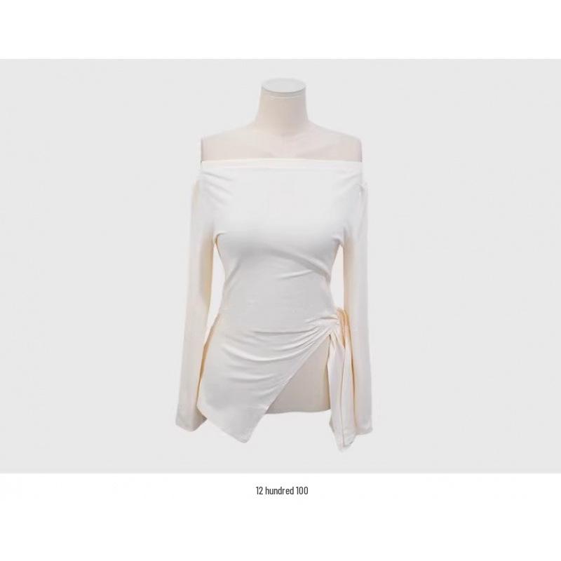 Korean Style Women s Off-the-Shoulder Slit T-Shirt - Elegant & Figure-Flattering Long Sleeves One Size