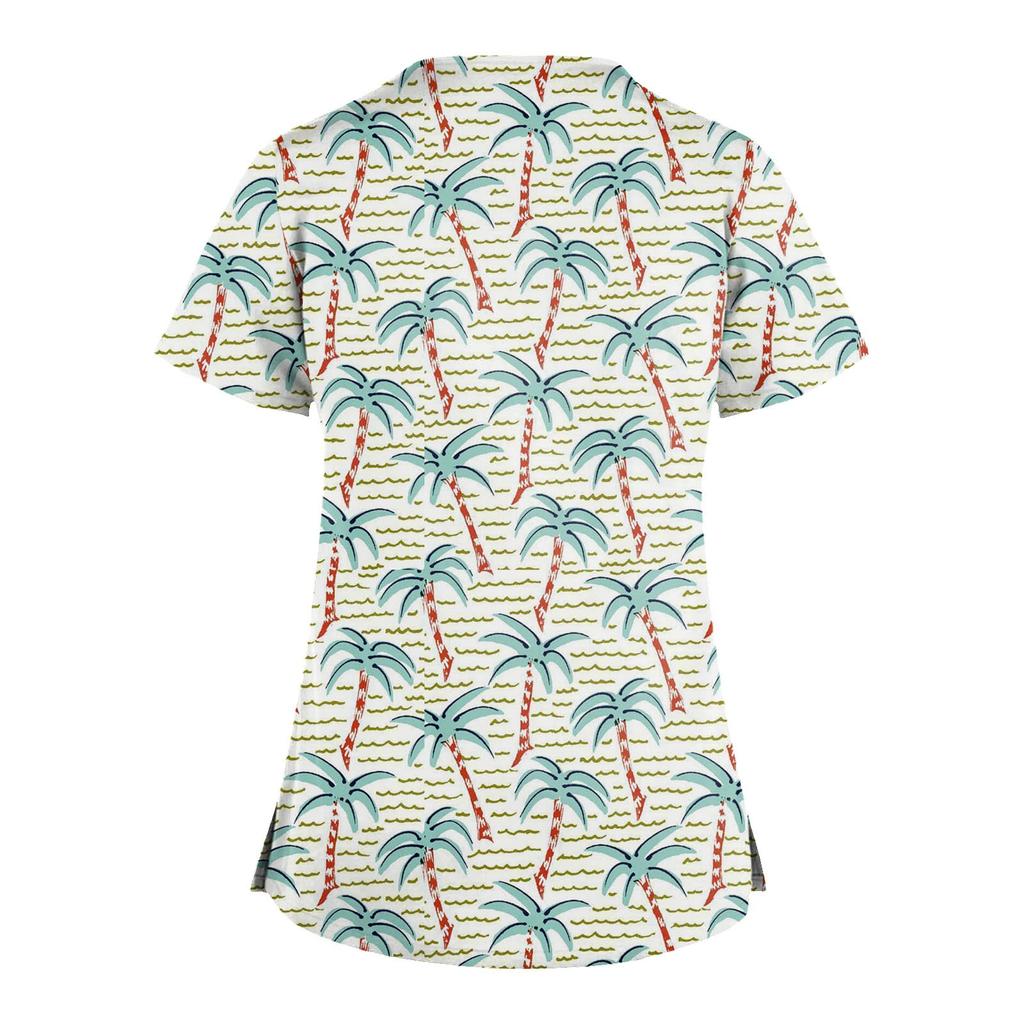 Plus rozmiar śliczny nadruk peeling roboczy jednolite topy dla kobiet krzyżowy dekolt w serek z krótkim rękawem zabawne koszulki odzież robocza Tee z kieszeniami