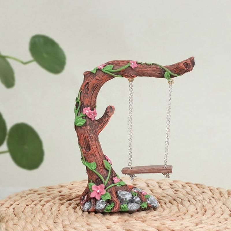 Whimsically Flower Tree Swing Figurine Resin Craft Spring Collectible Ornament For Garden Landscape Dollhouses Decors