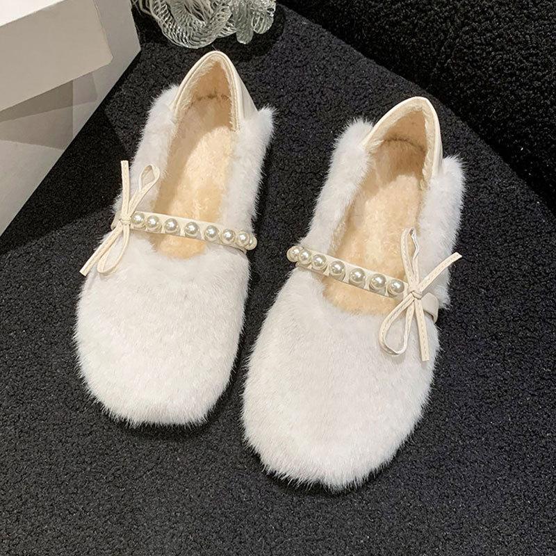Xiaoxiangfeng Fluffy Shoes Women's Autumn and Winter New Soft Flat-bottomed Velvet Bean Shoes Warm Cotton Shoes