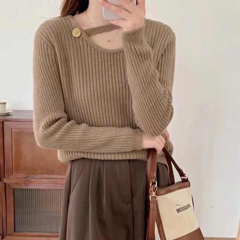 

Дизайнерский вязаный базовый топ женский осенне-зимний новый однотонный модный универсальный пуловер-свитер с трендовым верхом One Size хаки