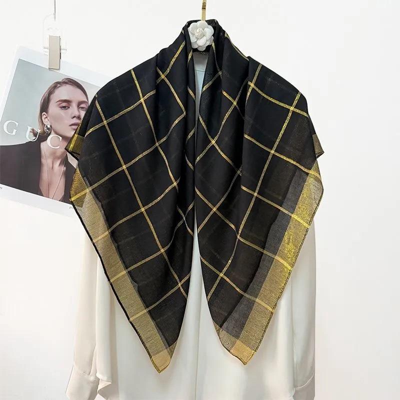 Women S Gold Line Plaid Square Scarf 90x90cm Elegant Shawl For Autumn Winter