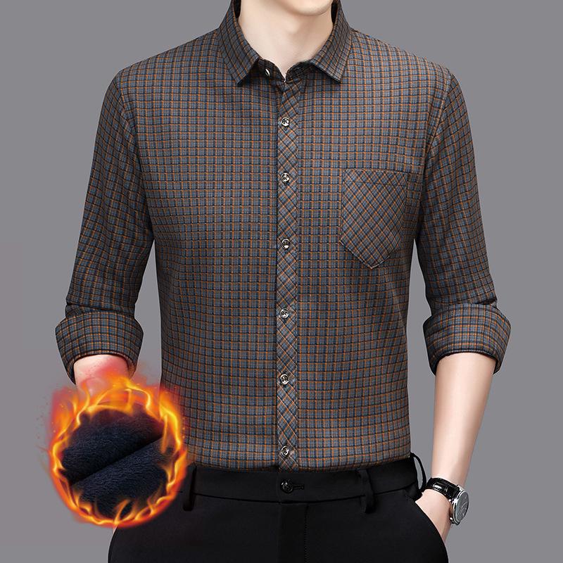 Men's Plus Velvet Plaid Long Sleeve Thick Warm Shirt Cardigan for Autumn and Winter