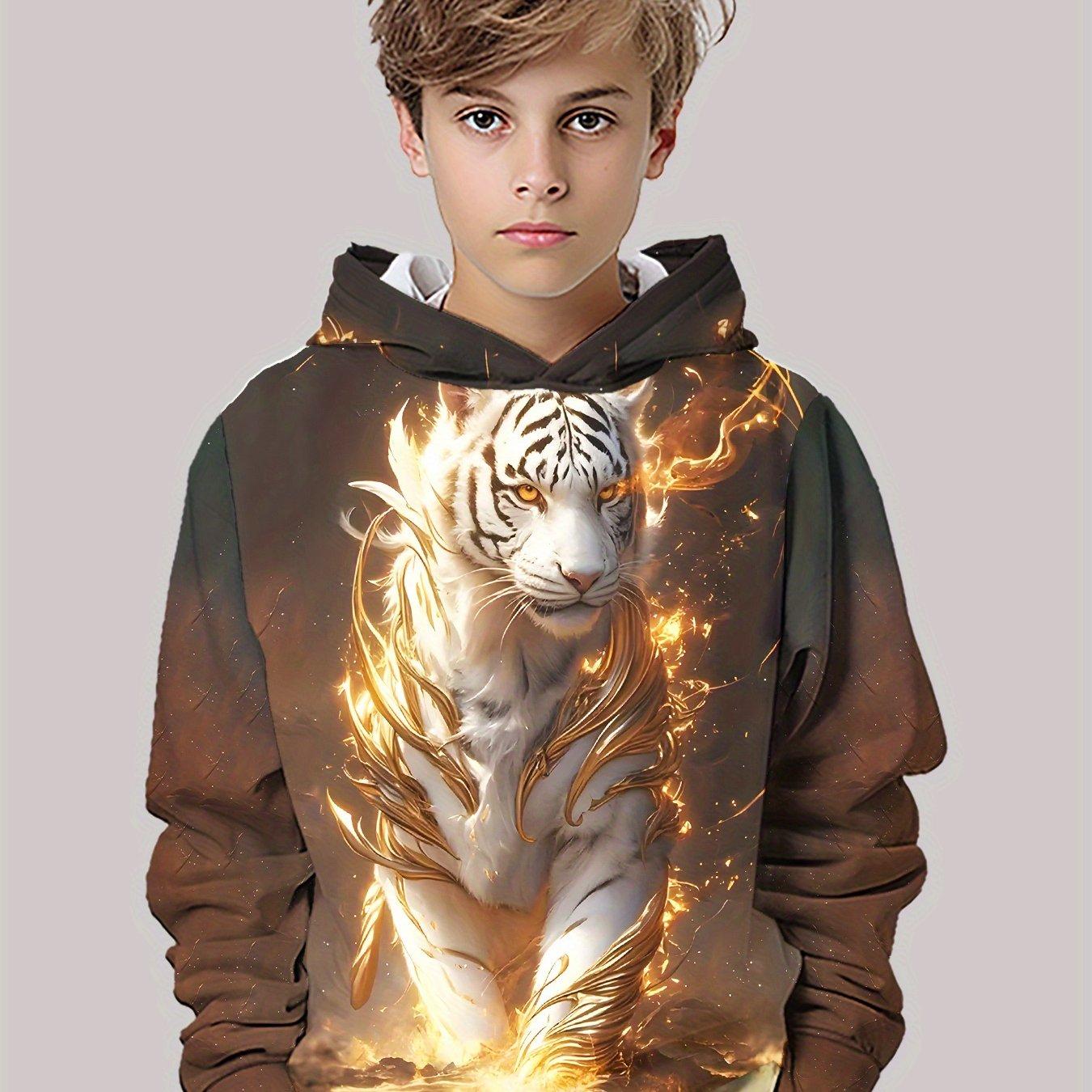 

3D digital printed gilded flame, auspicious white tiger domineering element hooded sweatshirt 13-14Y