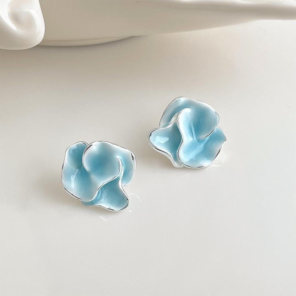 Light Blue Enamel Camellia Stud Earrings Irregular Petal Design Drip Glaze Flower Earrings Fashion Elegant Jewelry Gift For Women Girls