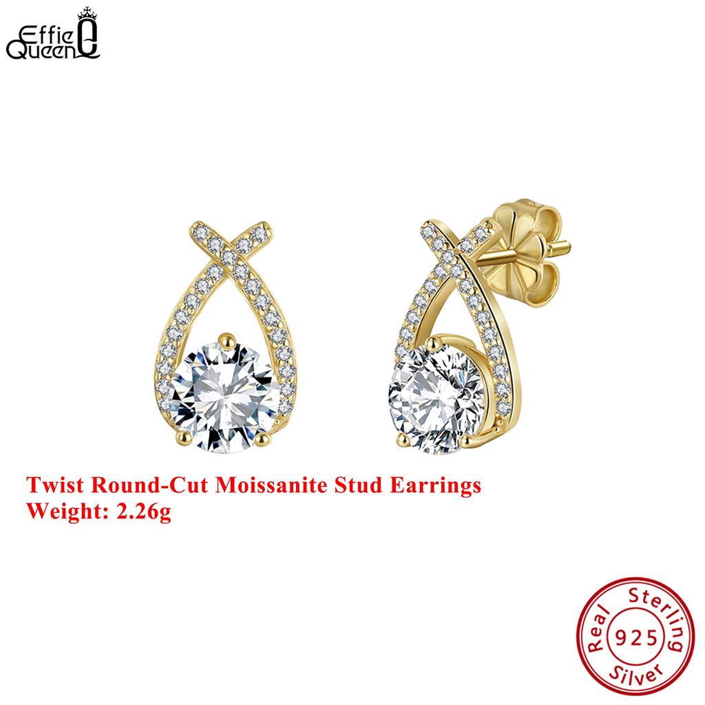 Effie Queen Genuine 925 Silver 14k Gold Round Cut Moissanite Stud Earrings Simple Jewelry for Women Wedding Party Banquet MOE12