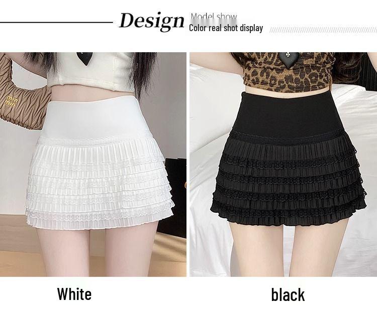 Chic Elastic Waist Pleated White Lace Skirt - Sweet High-Waist, Layered for Autumn/Winter