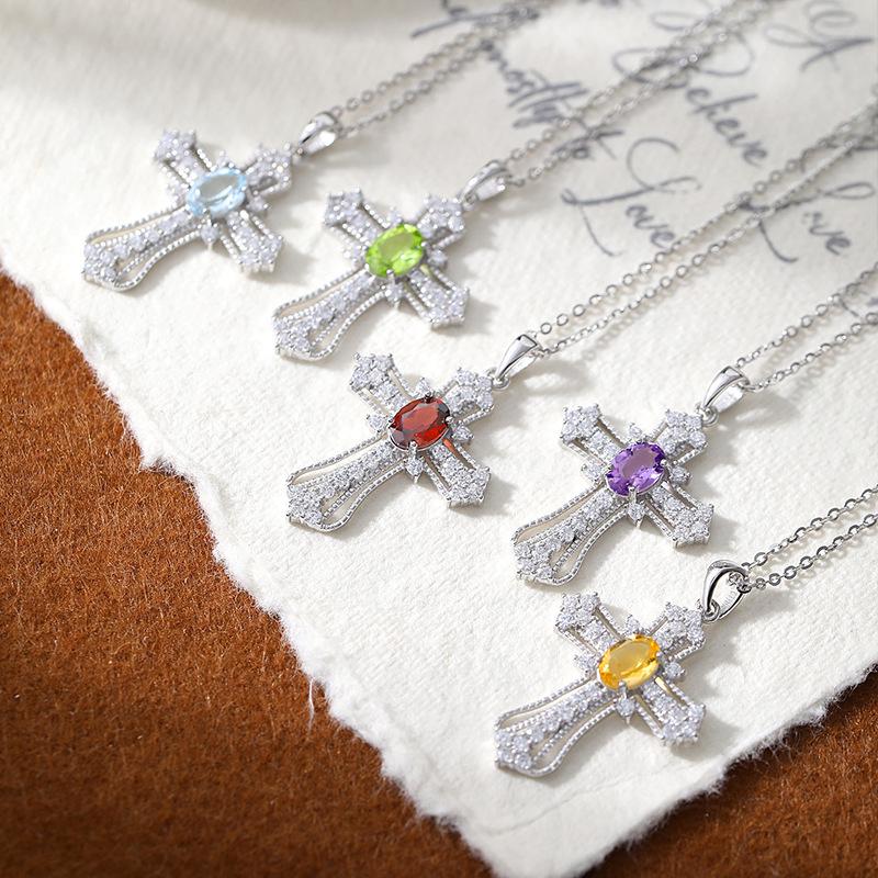 S925 Pure Silver All Diamond Cross Necklace for Women, Silver Inlaid with Natural Color Treasure, Fashionable and Versatile Gift