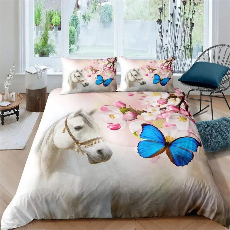 3D Horse Duvet Cover King Queen Size Yellow Sunflower Bedding Collection Floral Animal Theme Quilt Cover Wildlife Soft Comforter Cover