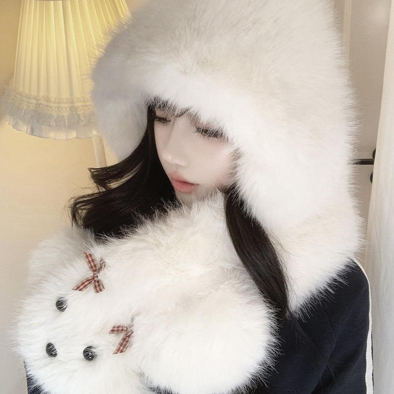 

Women s Super Cute Bowknot Puppy Autumn Winter Warm Hat Scarf Integrated Face-Flattering Ear Protection Cute Hat One size