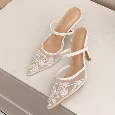Fashion Liyke Woman Designer Embroidery Flowers Mesh Pointed Toe White High Heels Mules Sandals Women Pumps Shoes Sexy Stilettos Mujer