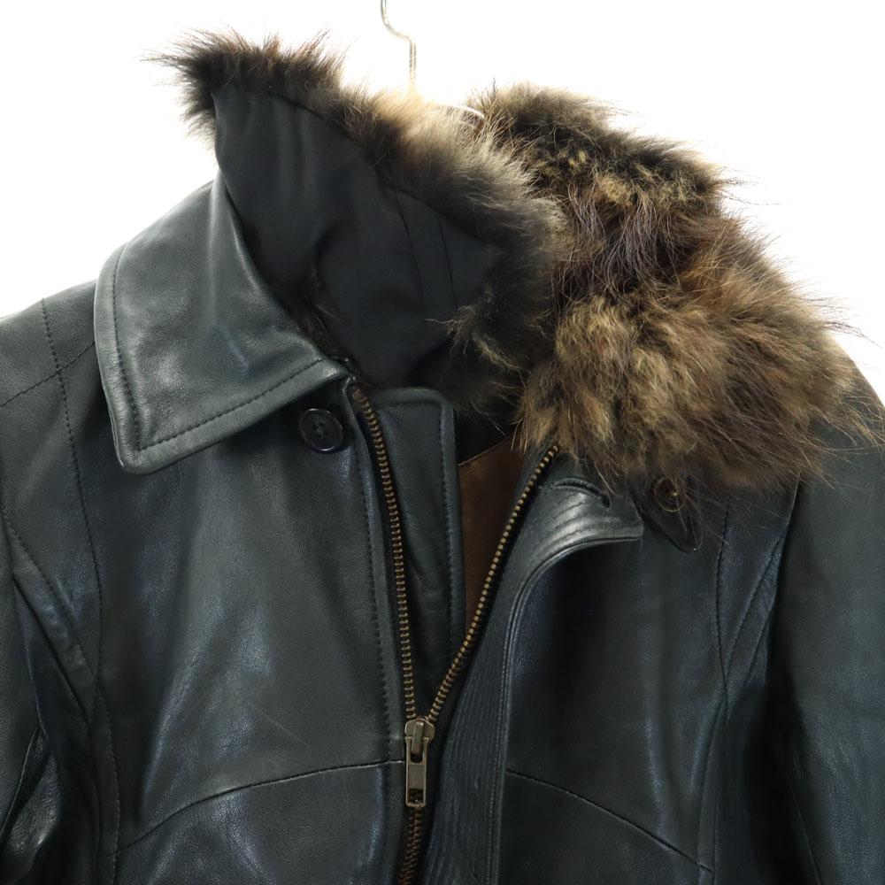 Pas De Calais Leather Jacket 38 Dark Green With Raccoon Fur Women Used