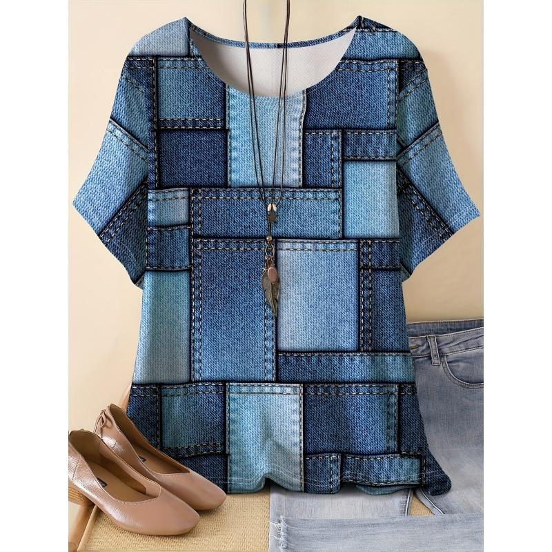 Summer Fashion Women's 3D Printed T-Shirt Short Sleeve O-Neck Denim-Like Graphics Print Tops Casual Streetwear Women's Clothing