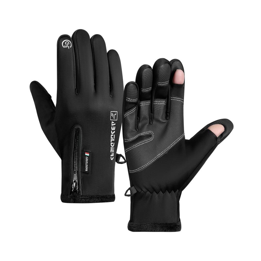 Autumn/Winter Touchscreen Zipper Gloves: Two-Finger Flip Cover for Fishing, Cycling, Outdoor Sports, Plus Velvet Insulation for Cold Protection
