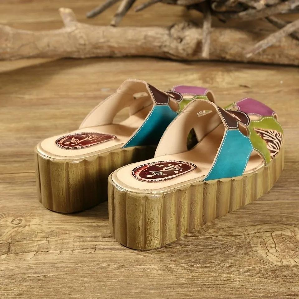 Fashion GKTINOO 2025 Wedge Slides Shoes Women Cover Toes High Heels Flower Sandals Summer Female Genuine Leather Platform Slippers