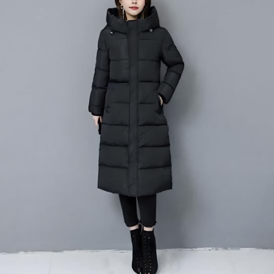 Winter Down Coat Thickened Padded Hooded Stand Collar Knee Length Pockets Zipper Closure Windproof Heat Retention Warm Daily Outwear Cotton Jacket