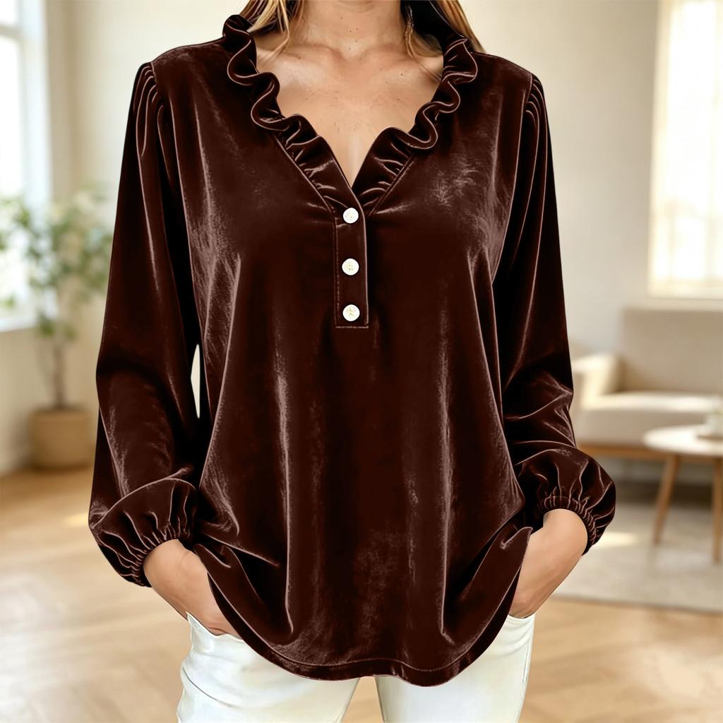 Women's Velvet Long Sleeve V-Neck Blouse with Ruffle Collar