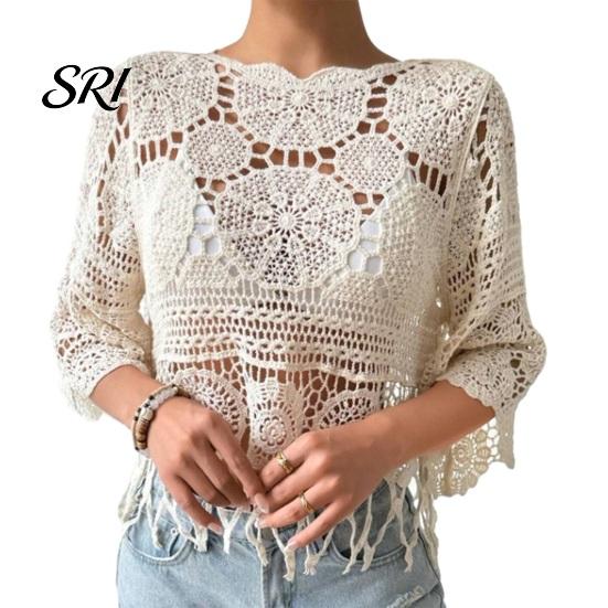 Top de ganchillo boho Cubre tops Ajuste holgado Cuello redondo Manga de tres cuartos Relajado Camisa de verano Tejido calado Playa Bohemio Dobladillo con borlas Ligero