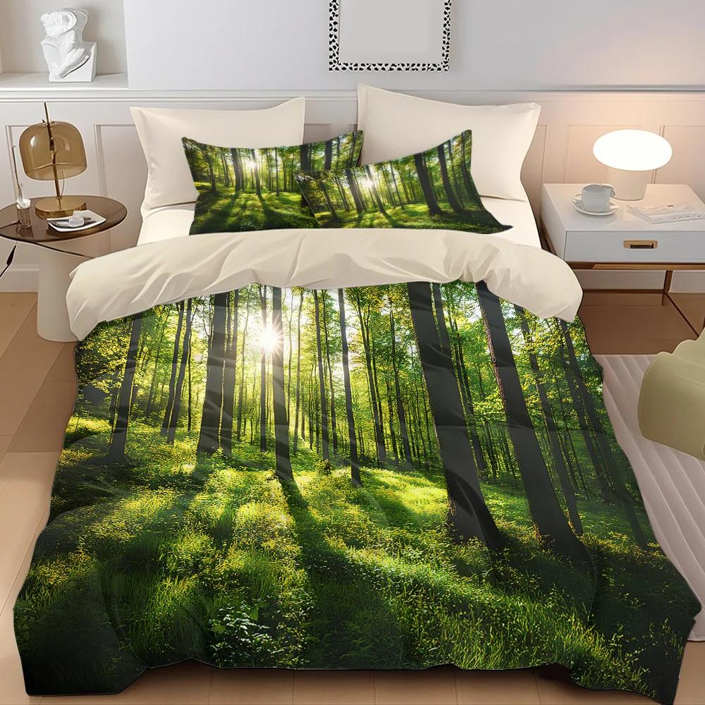 3pcs Fresh Green Forest 3D Printed Bedding Set Comfortable Duvet Cover King Queen Twin Size Birthday Gift for Bedroom Decoration
