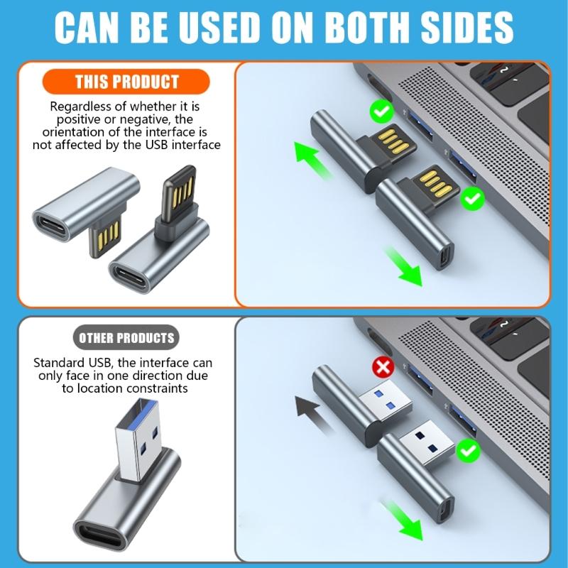 90°Bend USB to Type C Adapter Connectors Reversible Plugs Support Inline Control for Easy Use in Tight Space Use