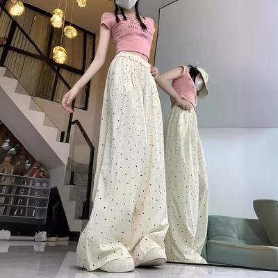 Pantalon à Jambes Larges à Pois pour Femmes en Été Taille Haute Jambes Droites Style Décontracté Paresseux Pantalon Yamamoto Petit Blanc Pantalon en Soie Glacée