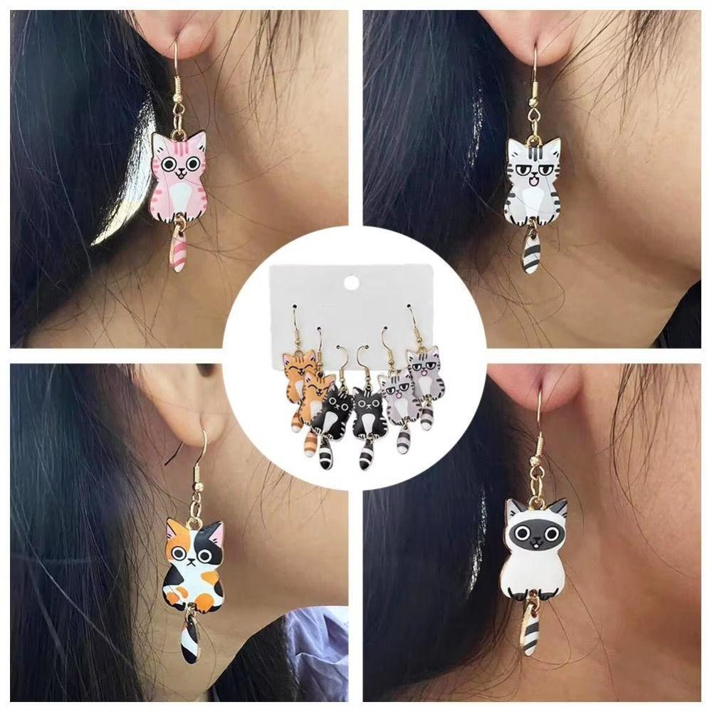 Enamel Zinc Zinc Alloy Cat Dangle Earrings Animal Theme Cartoon Animal Earrings 3D Cat Earrings  Jewelry Set