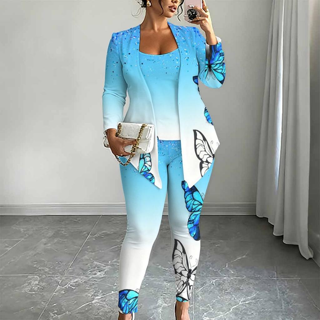 Plus Size Butterfly Print 3 Piece Outfit, Long Sleeve Open Front Cardigan Cami Top Leggings Set for Women