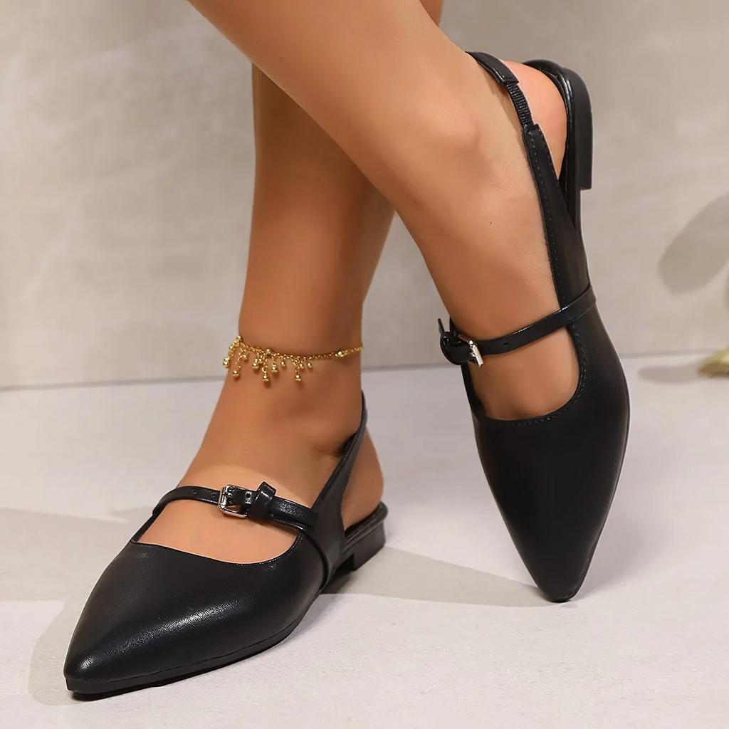 Summer Plus Size New Black Sandals for Women with A Straight Buckle Strap and A Back Empty Flat Sandals