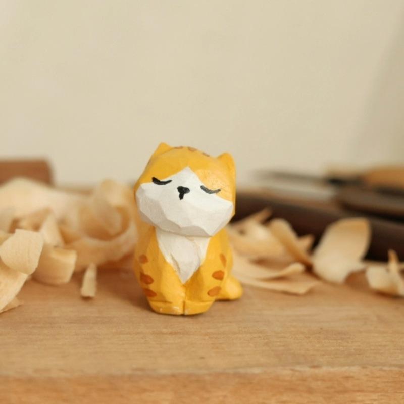 Basswood Handmade Wooden Carving Orange Cat Dog Rabbit Sheep Figurine Ornament Cute Desktop Home Living Room Decor New Year Gift