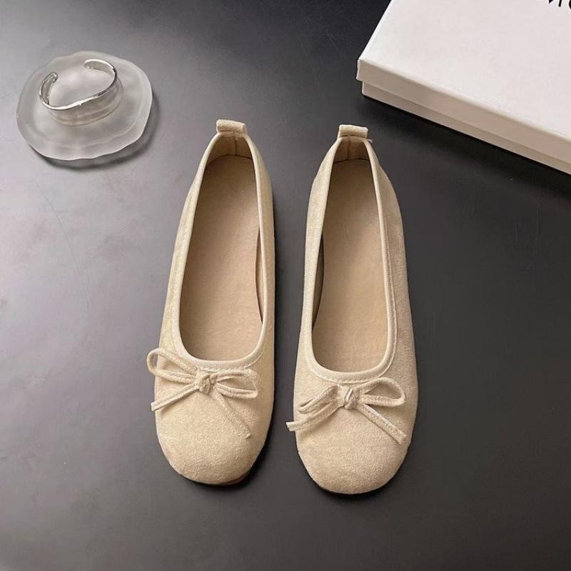 Macaron Gentle Fairy Soft Sole Ballet Shoes Light Mouth Flat Bottom Bow Frosted Velvet Round Head Single Shoes Paddle Shoes