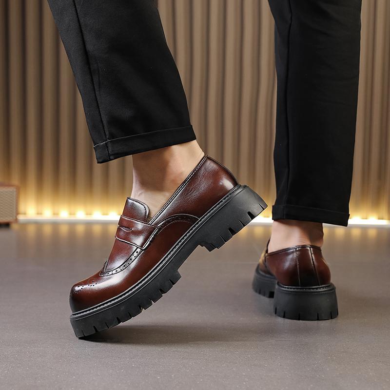 Vintage Brown Men's Brogue Leather Shoes Autumn Round Toe Platform Loafers Man Casual Formal Business Shoes mocasines hombre
