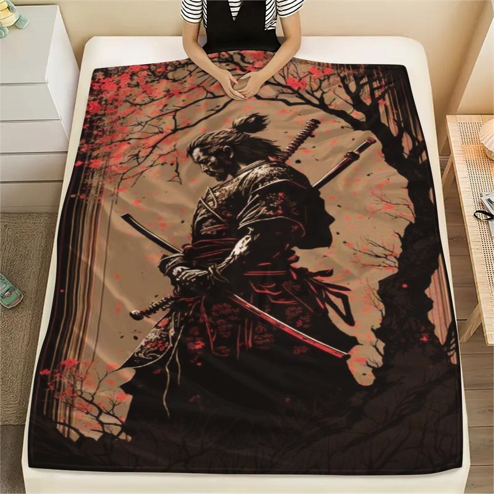 1Pc Japanese Samurai Print Flannel Blanket, High quality Comfortable for All Seasons, Home Decor, Warmth and Comfort, Perfect for Christmas Gifts