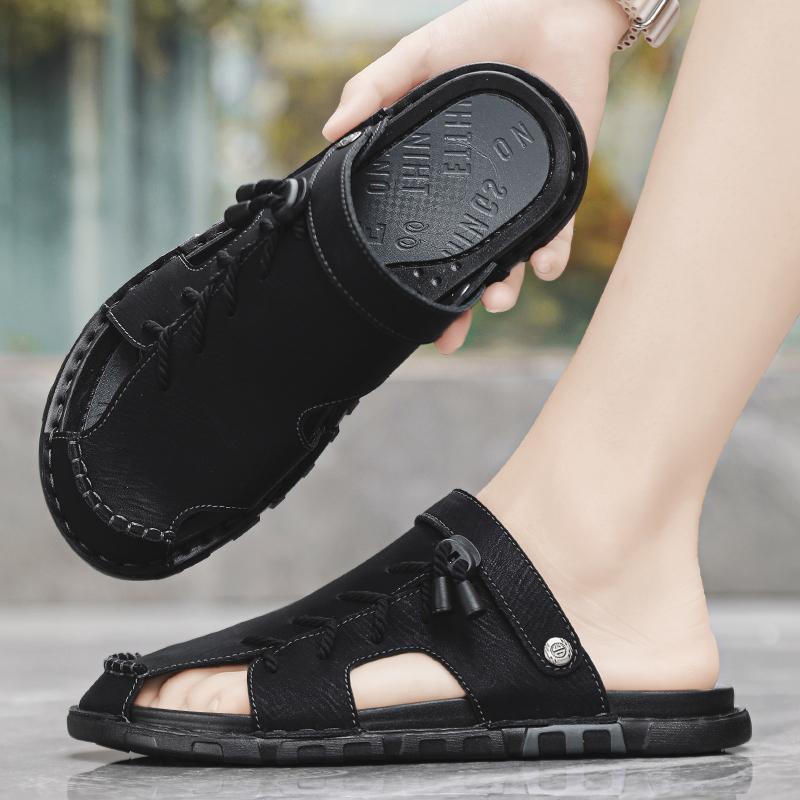 Men Leather Water Beach Sandals Summer Outdoor Casual Closed Toe Sports Sandals Non Slip Soft Hiking Wading Sneakers Comfortable