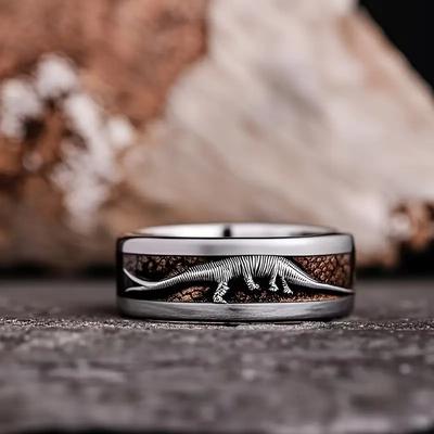 8MM Unique Men's Stainless Steel Rings Dinosaur Printed Inlay Wedding Band Jewelry Engagement Party Steel Ring For Gift