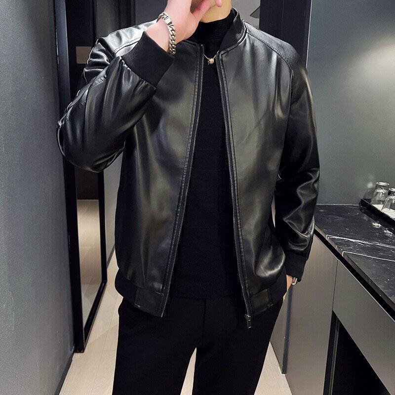 Mens Stand Collar PU Leather Jacket Slim Fit Casual Outerwear Fall Riding Streetwear