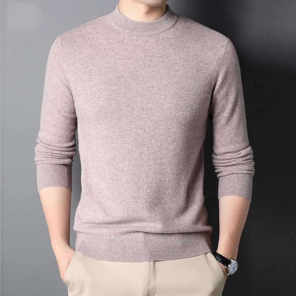 Men's Pure Wool Round Neck Base Layer Sweater - Solid Color Versatile Knitwear for Autumn/Winter