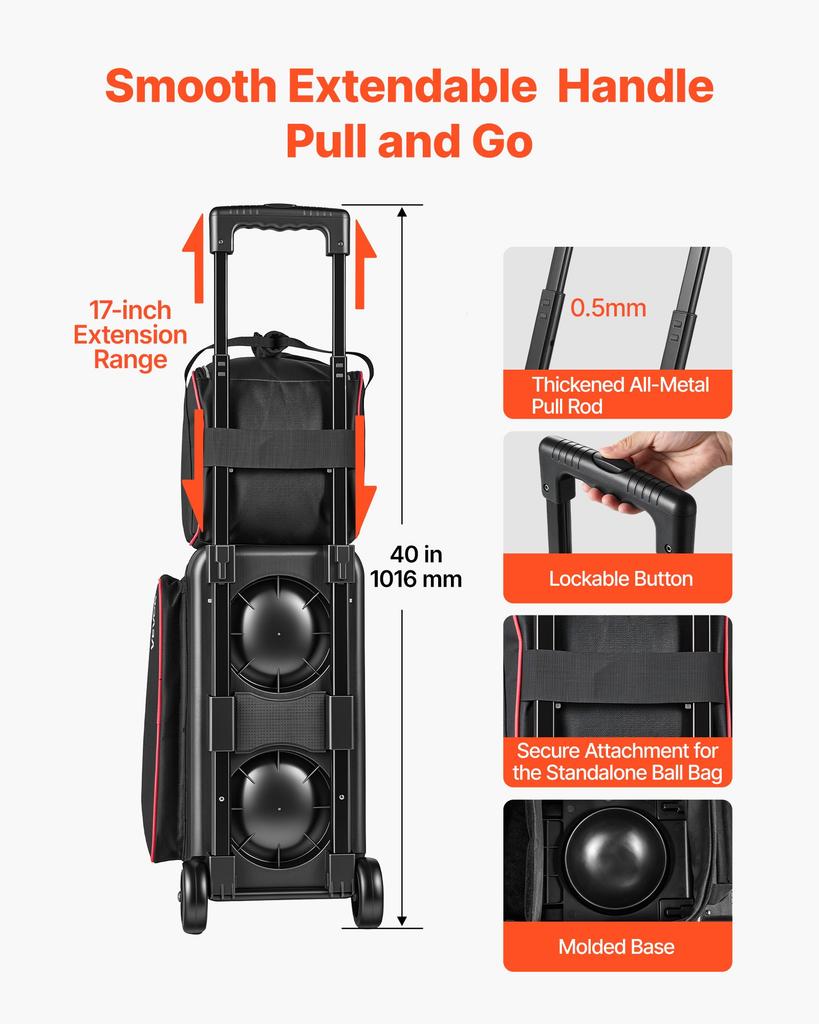 VEVOR 3 Ball Bowling Bag Double Roller Bag with Separate Shoe Compartment, for Bowling Shoes (Up To US Men Size 16), Rolling Ball Bag w/ Wheel