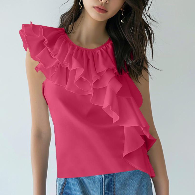 

ZANZEA Жіночі літні однотонні майки без рукавів з круглим вирізом і рюшами 4XL Яскраво-рожевий