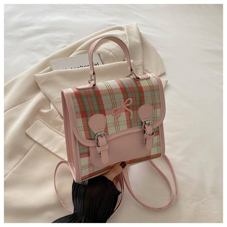 

Летняя новая повседневная простая сумка на плечо с клетчатой вставкой и бантом для путешествий, женский школьный рюкзак розовый