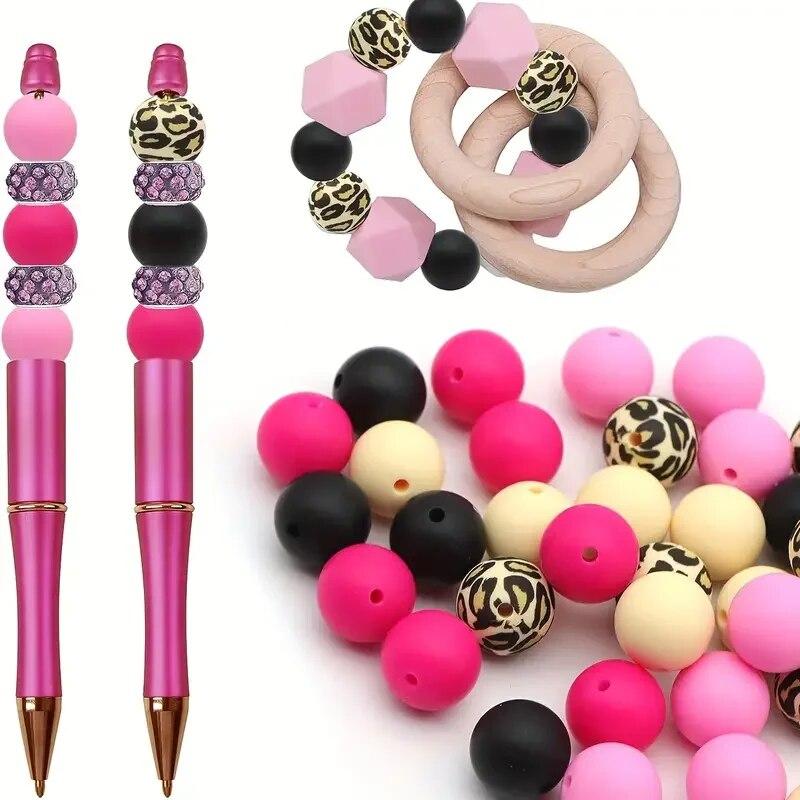 45 Stück 15mm Leopardenmuster Silikonperlen Runde Lose Perlen Für Schmuckherstellung DIY Anti-Drop Schlüsselanhänger Kette Armband Handgemacht