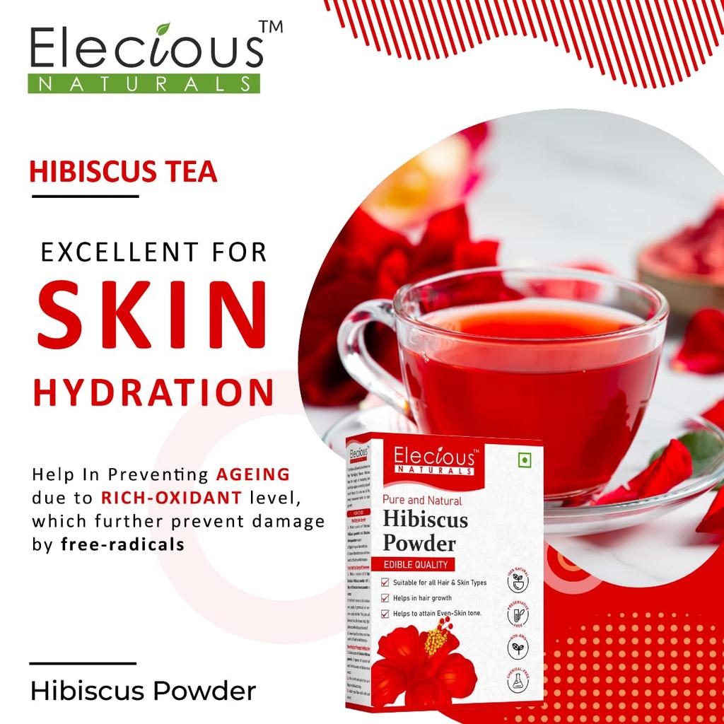 Elecious Hibiscus Powder for Hair Growth, Face and Skin Glowing Skin Ideal for Preparing Hair Pack, Hair Oil, Face Pack and Hibiscus Tea 200gm
